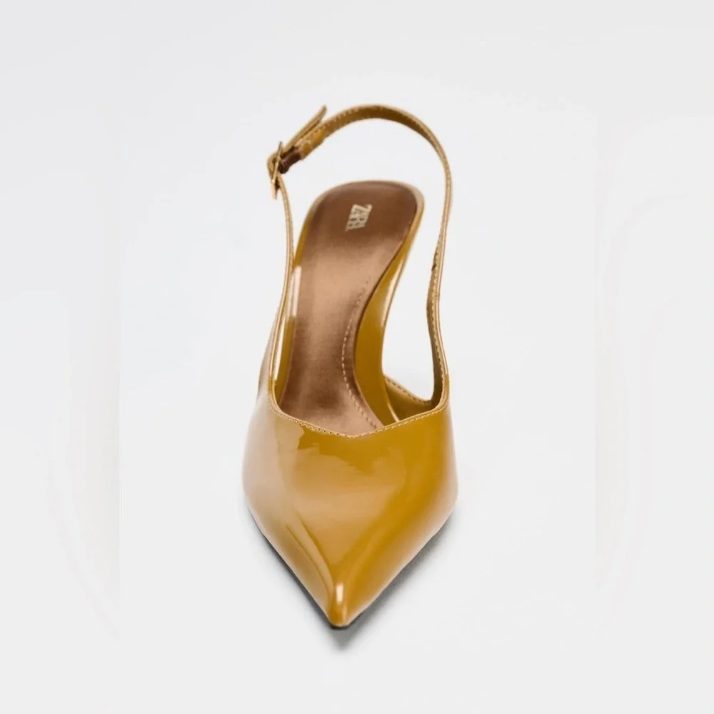 NWT. Zara Caramel Faux-Patent Slingback High Heel Court Shoes. Size 8.
